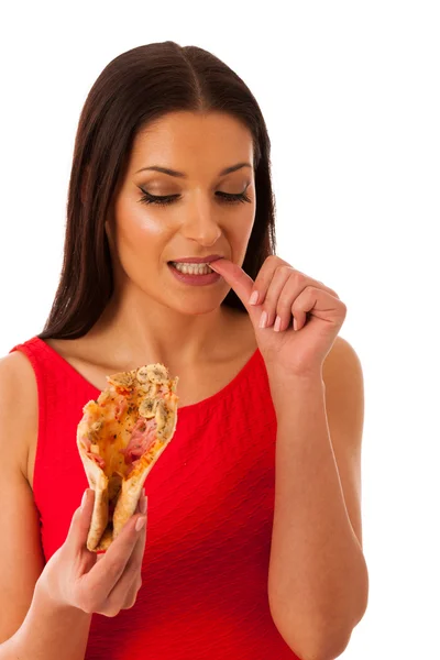 Mujer comiendo sabroso pedazo de pizza. Comida rápida poco saludable . —  Fotos de Stock