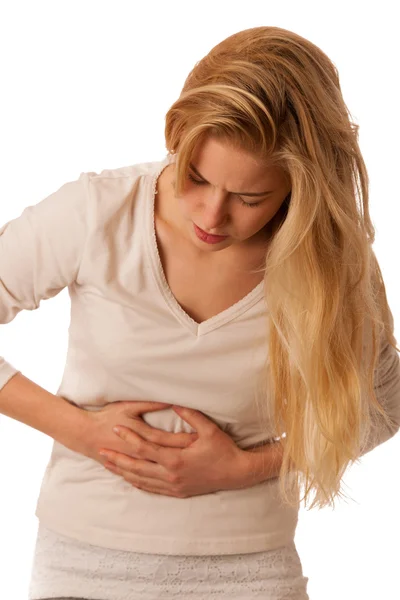 Femme malade avec douleur dans l'estomac ou le ventre isolé sur blanc — Photo