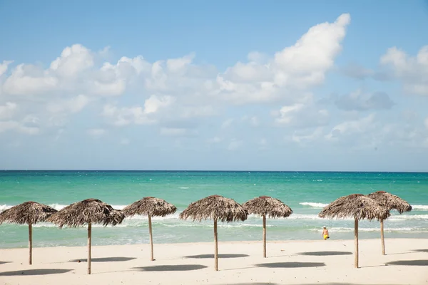 遮阳伞从皇家棕榈叶，不冷不热 Var 的沙滩上 — 图库照片