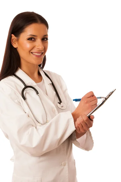 Mujer médico con estetoscopio alrededor de cuello escritura diagnosticar en cl —  Fotos de Stock