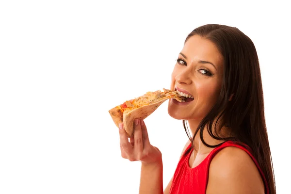 Mulher comendo saboroso pedaço de pizza. Refeição saudável de fast food . — Fotografia de Stock
