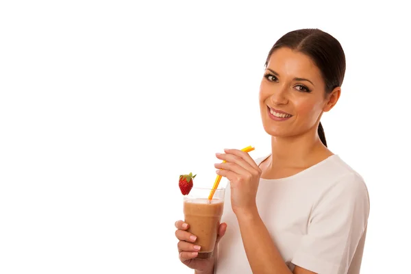 Mujer excitado de fruta fresca smoothie comida saludable . — Foto de Stock