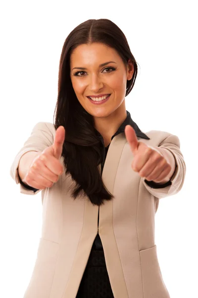 Mujer haciendo gestos de éxito con los pulgares hacia arriba y gran sonrisa feliz . — Foto de Stock