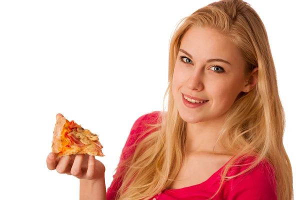 Mulher com fatia de pizza deliciosa, mal posso esperar para morder nele . — Fotografia de Stock