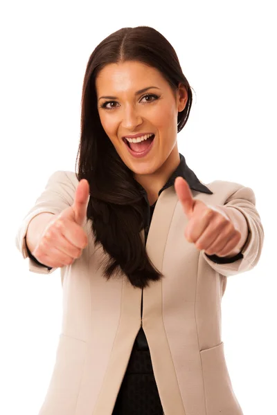 女性ジェスチャー成功親指を大きな幸せと笑顔します。. — ストック写真