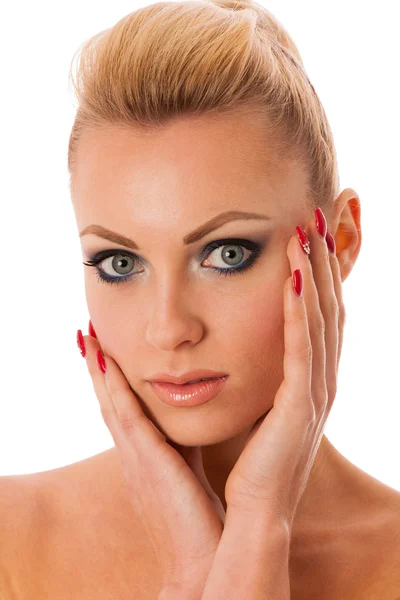 Portrait of woman with perfect makeup gesturing with hands purit — Stock Photo, Image