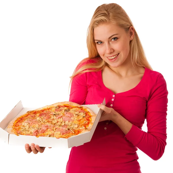 女人与纸箱的大比萨迫不及待想吃它. — 图库照片