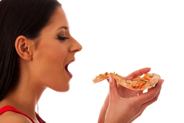 Kadın lezzetli parça pizza yemek. Sağlıksız fast food yemek. — Stok fotoğraf