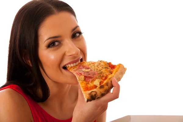 微笑的女士抱着纸箱美味的披萨. — 图库照片