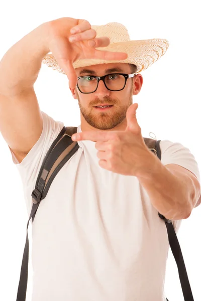 Closeup of confident happy traveler with straw hat framing photo — Stock Photo, Image