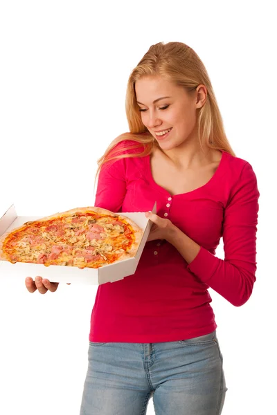 Donna con grande pizza in scatola di cartone non vede l'ora di mangiarla . — Foto Stock