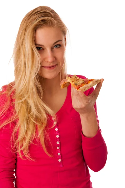 Mulher com fatia de pizza deliciosa, mal posso esperar para morder nele . — Fotografia de Stock