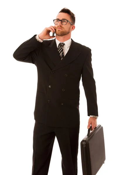 Exitoso hombre de negocios en traje formal y maletín, maleta co —  Fotos de Stock
