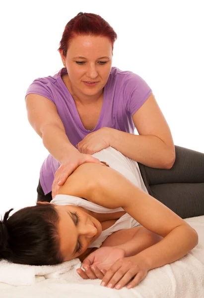Physiotherapy -therapist excercising with patient , working on b — Stock Photo, Image