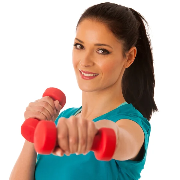 Donna attiva con manubri allenamento in palestra isolato sopra — Foto Stock