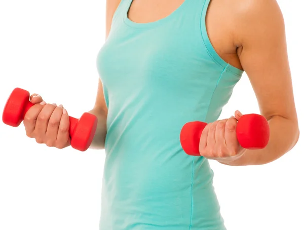 Mujer activa con pesas entrenamiento en gimnasio de fitness aislado sobre — Foto de Stock