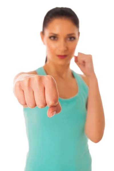 Beautiful woman boxing into copy space isolated over white backg — Stock Photo, Image