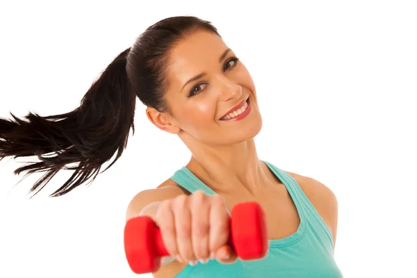 Mulher ativa com halteres treino no ginásio fitness isolado ao longo — Fotografia de Stock