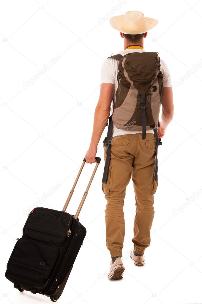 with straw hat, white shirt, backpack suitcase walk Stock Photo ©samotrebizan 109670492