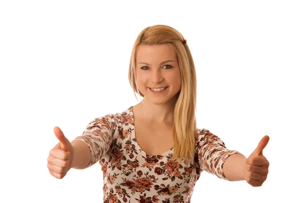 Cute blond woman showing thumbs up as  gesture for success isola — Stock Photo, Image
