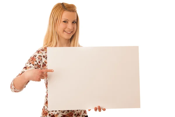 Χαριτωμένο ξανθιά γυναίκα με κενό λευκό πανό που απομονώνονται πάνω λευκό bac — Φωτογραφία Αρχείου