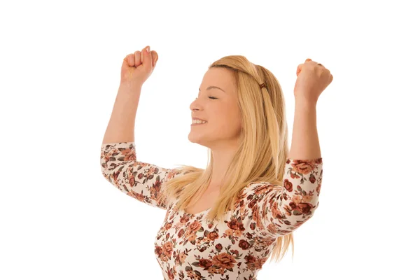 Beautiful blonde woman gesturing success with rised hands isolat — Stock Photo, Image