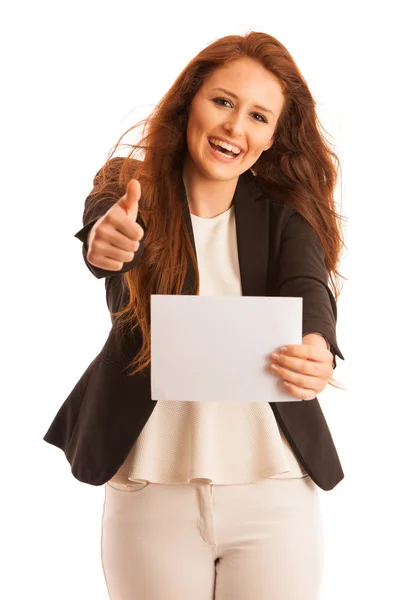 Firma. Mujer sosteniendo una gran tarjeta blanca en blanco. Emoción positiva —  Fotos de Stock