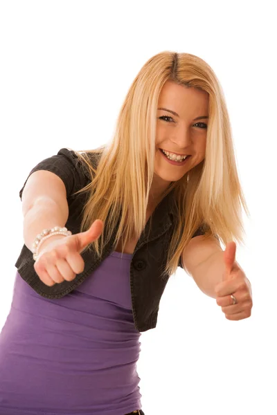 Young teenage girl showing thumb up as a sign of success and hap — Stock Photo, Image