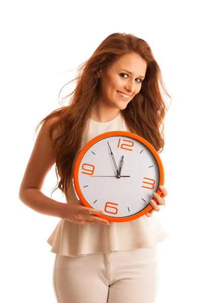 Donna che mostra un orologio come segno di gestione del tempo — Foto Stock
