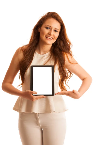 비즈니스 여자 brousing 흰색 위에 절연 태블릿에 웹 — 스톡 사진