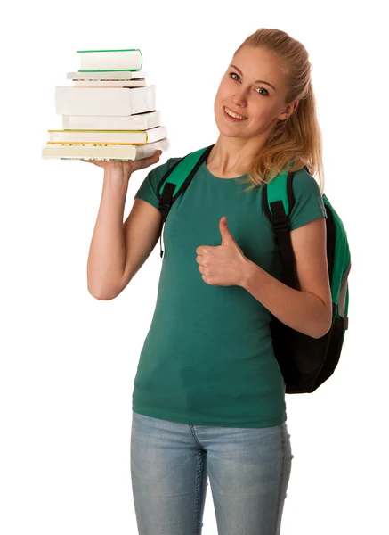 책과 책 가방, kn 행복의 스택과 함께 금발 학생 — 스톡 사진
