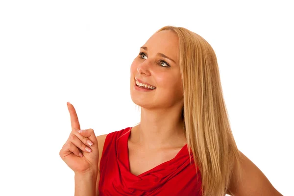 Business Woman in red shirt  pointing into copy space isolated o — Stock Photo, Image