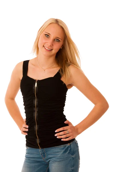 Blond teenage girl smile isolated over white background — Stock Photo, Image