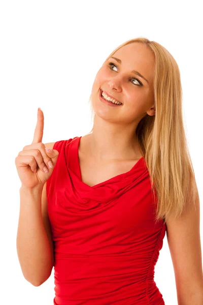 Geschäftsfrau im roten Hemd zeigt in den Kopierraum — Stockfoto