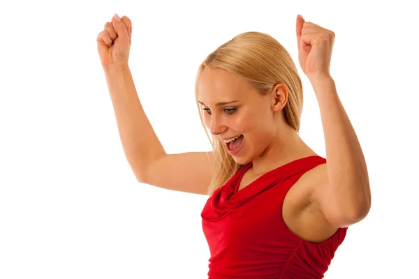 Successful business woman gestures success with hands rised in t — Stock Photo, Image