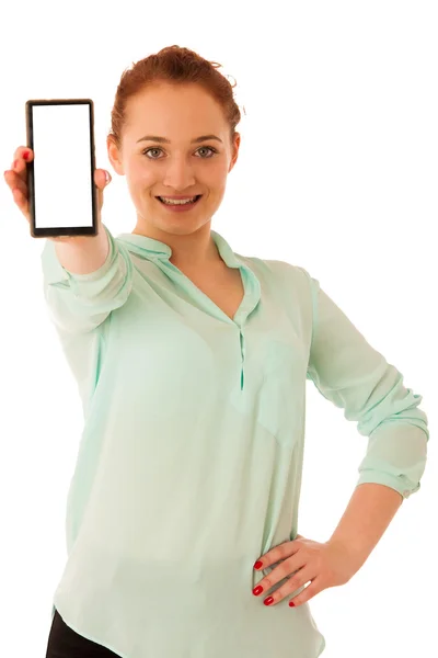 Business woman showing a message on a screen of a smart phone is — Stock Photo, Image