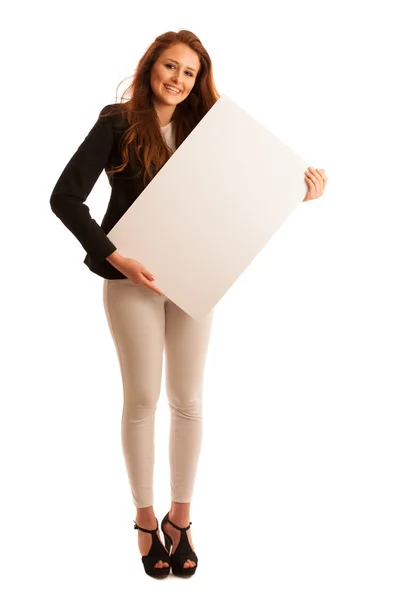 Sign board. Woman holding big white blank card. Positive emotion — Stock Photo, Image