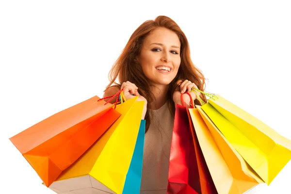 Mujer con bolsas de compras después de una compra exitosa en la venta — Foto de Stock