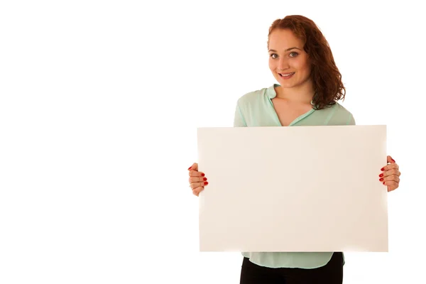 Sign board. Woman holding big white blank card. Positive emotion — Stock Photo, Image