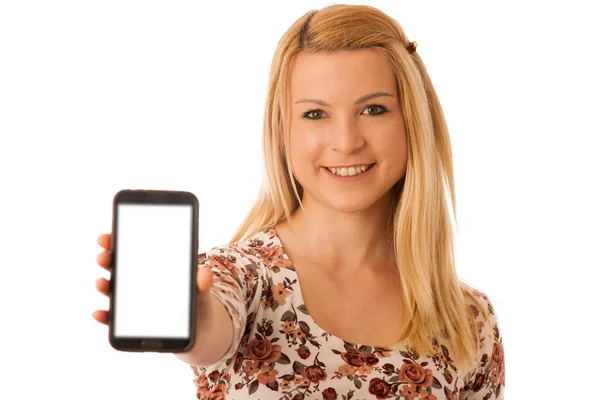 Roztomilá blondýnka s tabletovým počítačem izolované na bílém pozadí — Stock fotografie