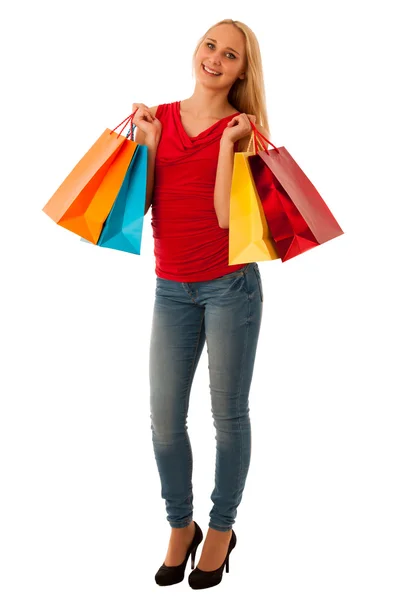 Hermosa joven con bolsas de compras consumismo aislado ov — Foto de Stock