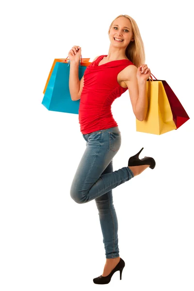 Mulher bonita com sacolas de compras consumismo isolado ov — Fotografia de Stock