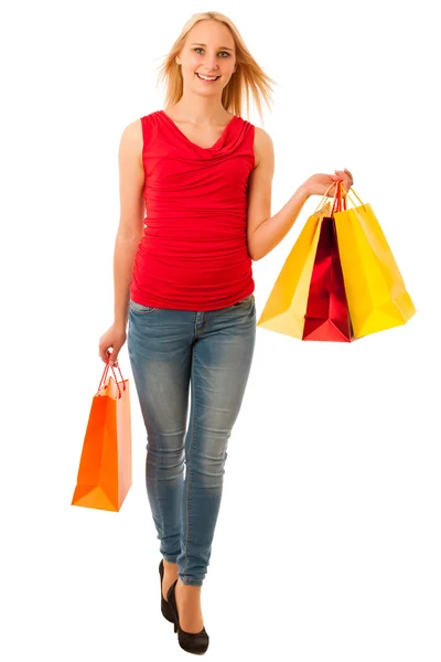Krásná mladá žena s nákupní tašky konzumerismu, samostatný ov — Stock fotografie