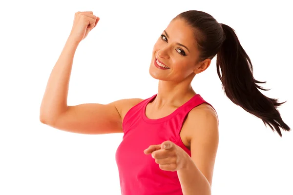 여자는 권력과 성공을 wh에 절연의 몸짓으로 팔을 상승 — 스톡 사진