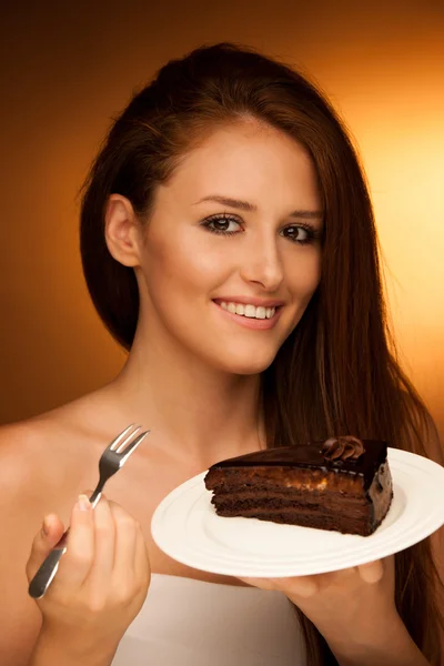 Chocolate cake - glamorous woman eats dessert — Stock Photo, Image