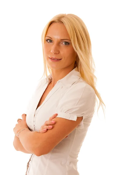 Mulher loira em camisa branca jeans azul isolado sobre backg branco — Fotografia de Stock