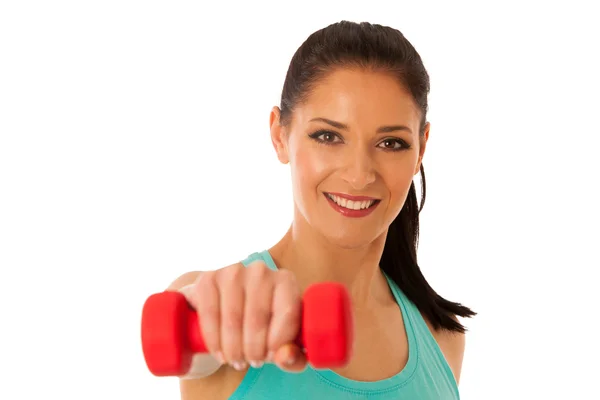 Aktivní žena s činkami cvičení v posilovně fitness izolované nad — Stock fotografie