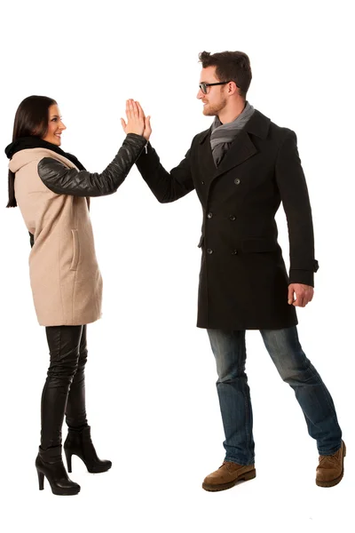 Business couple celebrating success holding fists and screaming — Stock Photo, Image