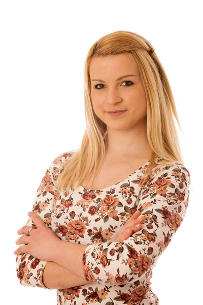 Cute blond woman standing with crossed arms isolated over white — Stock Photo, Image