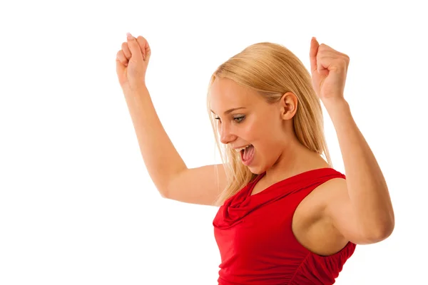 Successful business woman gestures success with hands rised in t — Stock Photo, Image